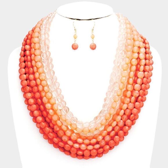 Faceted Coral Round Lucite Beaded Necklace Set - Picture 6 of 8